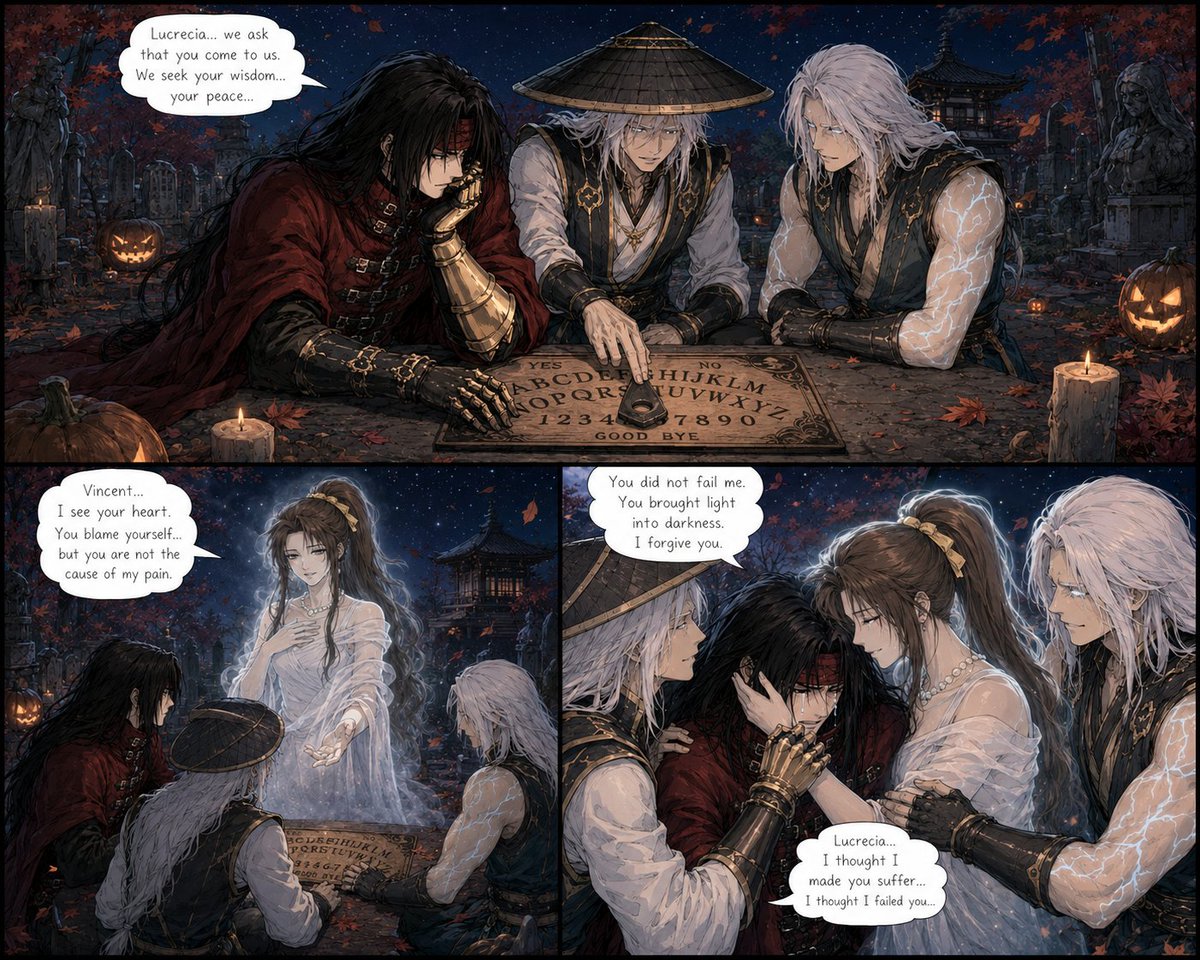 ElvenThranduil2's tweet photo. Raiden, Fujin, and Vincent decide to use a ouija board...to their surprise the spirit of Lucrecia comes through...she forgives Vincent, telling him that he did not cause her suffering
#valenjin #VincentValentine #Raiden
#Fujin #FinalFantasy7 https://t.co/ueHqOMAqNT