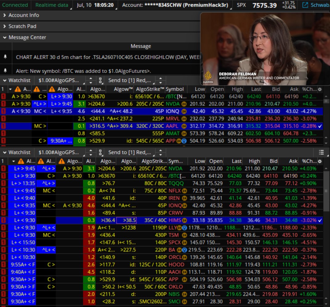AlgoGPSBeta's tweet photo. AlgoGPSBeta™ Recap - 7/10:    

Today's  AlgoGPSBeta™ winner(s) is(are)...   
🥁🥁🥁

$HIMS & $TSM

Another incredible week in the market. Algo just keeps blowing my mind!!! Really pleased with where we are in development. Obviously nothing in the market is guaranteed but its truly humbling how Algo is truly putting probability on our side and right at our finger tips.

We work to keep accuracy and execution above 80%. With increased accuracy, it has become clear that we can increase our initial take profit from 30% -> 40% on a good forward basis.

On to the trades, $HIMS weakness alerted early out of the gate. We secured the 34P and was able to lock-in 40% within seconds. Then onto $TSM, same play on chip weakness. Only issue is that we got a little too cute and kept a runner on that we shouldnt have. First batch secured 40% and then the runner was a loss. Finally, in the other account we took $IREN 41.5P and sold at 40%. Wasnt as clean a move but we trusted the process and were rewarded.

Left alot of money on the table but as always....PROFIT IS PROFIT!!!!

#We❤️You, Algo     
#2026YearoftheAlgo 
#AlgOOOOOO!!!!
#AlgoSupremacy

-@PremiumHack3r