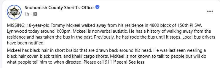 sfargon's tweet photo. MISSING: 18-year-old Tommy Mckeel walked away from his residence in 4800 block of 156th Pl SW, Lynnwood today around 1:00pm. Mckeel is nonverbal autistic. https://t.co/PYG8DHOHat