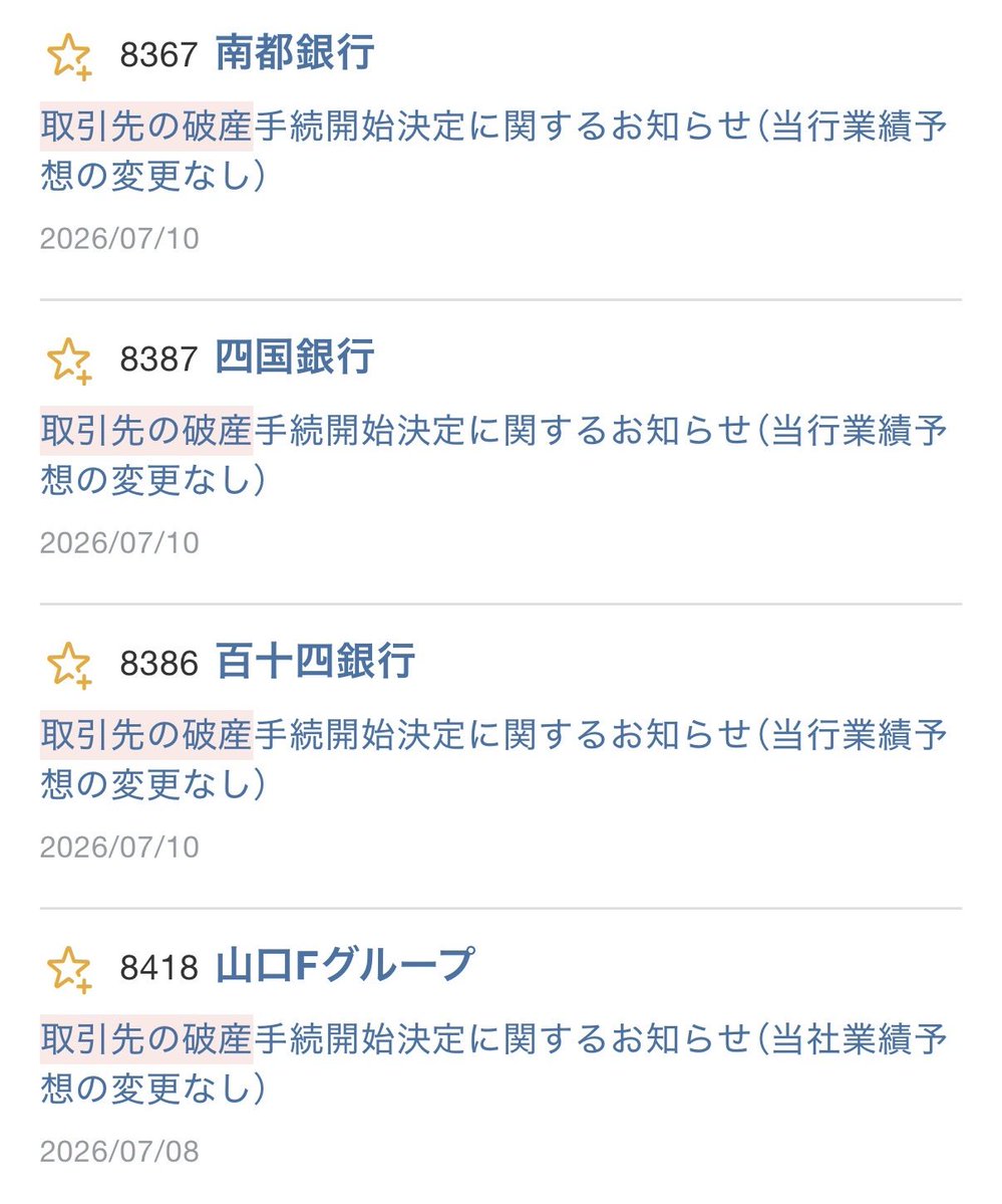 tadakabu's tweet photo. 全東信破産の影響が出始める...
まずは地銀、次に飲食、小売へ続くか https://t.co/sWOcxhA3sh