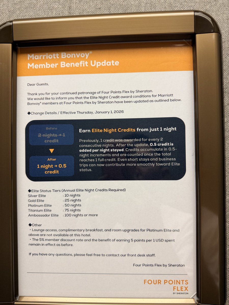 soe_kun's tweet photo. 📢 Four Points Flex by Sheraton

2026年1月1日から、Four Points Flex by Sheratonのエリートナイトクレジット付与ルールが変更されます。

これまでの「2連泊で1泊分」から、

**「1泊ごとに0.5泊分」**へ。

0.5泊分ずつ累積され、合計1泊分に達した時点で実績として反映されます。

これにより、1泊利用や出張などの短期滞在でも、エリート実績を無駄なく積み上げられるようになります。

小さな変更ですが、多くのBonvoy会員にとっては嬉しいアップデートではないでしょうか。

皆さんは、この変更をどう思いますか？

#MarriottBonvoy #Marriott #マリオット #ホテル修行 #チタン修行 #アンバサダー修行 #FourPointsFlex #ホテル好き #旅行好き #Bonvoy #マリオットボンヴォイ