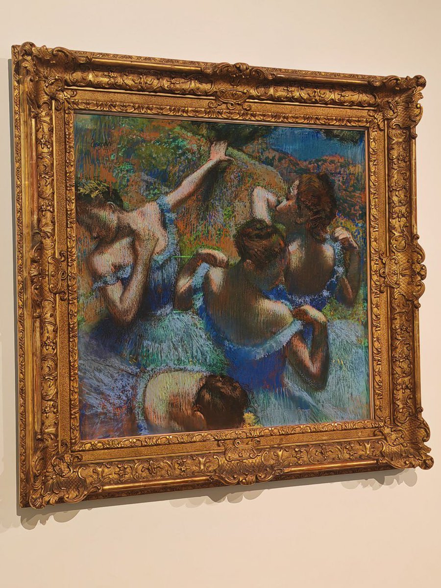 MilaRubyQ's tweet photo. This is Edgar Degas’ “Dancers on the Rocks,” a striking pastel of ballerinas resting and adjusting their costumes in a sunlit outdoor setting. The painting captures the fleeting grace and intimate moments behind the performance. https://t.co/b8cXMZvff1