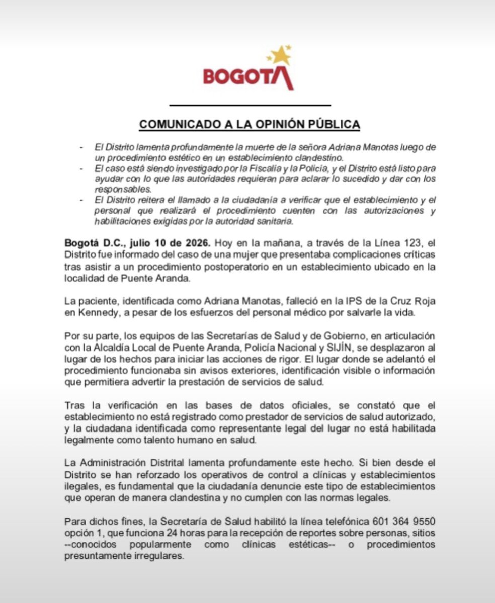 JulEspinosaDice's tweet photo. ¿Otra vez? Hace apenas unas semanas Bogotá lamentaba la muerte de Yulitza Toloza. Hoy conocemos otro caso: Adriana Manotas. ¿Qué está fallando para que estos establecimientos clandestinos sigan funcionando? La inspección debe prevenir tragedias, no reaccionar a ellas.

En nuestro debate advertimos que las alertas ya estaban ahí: los casos que terminaron en urgencias pasaron de 136 a 289, las hospitalizaciones de 71 a 169 y las infecciones crecieron 143%. Hoy esas cifras dejaron de ser estadísticas.