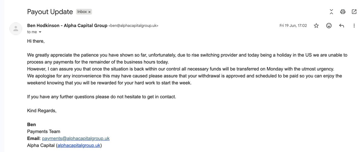 Ismailht02's tweet photo. @AlphaCapitalG I'd appreciate if George Kohler and Andrew Blaylock could review this.
I'm sharing this because I've tried for weeks to resolve it privately, but my emails are now being ignored.
My payouts were already approved. When payments were delayed, I was told it was because their payment provider (Rise) was changing providers and because of a US bank holiday—not because of anything related to my trading.
They then asked me to change my payment method to SWIFT/Wise. Before doing so, I asked them to confirm that all three approved payouts would be paid after the change.
Their response: "Once the change has been made and confirmed to be correct we will make the payments."
I followed their instructions exactly.After that, instead of processing the approved payouts, they changed their position, refused to pay, and have ignored my repeated requests to explain why payouts they had already approved were not honored.
Here are the emails so everyone can judge the timeline for themselves.

Then attach the screenshots in chronological order.

@AlphaCapitalUK @george_kohler @PropFirmMatch