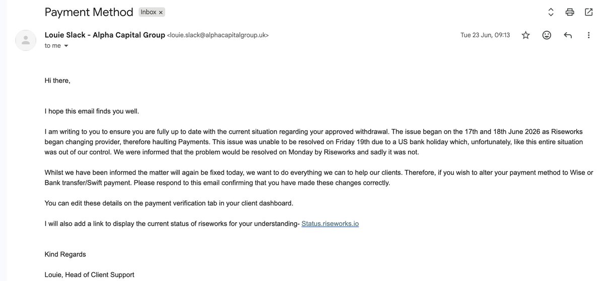 Ismailht02's tweet photo. @AlphaCapitalG I'd appreciate if George Kohler and Andrew Blaylock could review this.
I'm sharing this because I've tried for weeks to resolve it privately, but my emails are now being ignored.
My payouts were already approved. When payments were delayed, I was told it was because their payment provider (Rise) was changing providers and because of a US bank holiday—not because of anything related to my trading.
They then asked me to change my payment method to SWIFT/Wise. Before doing so, I asked them to confirm that all three approved payouts would be paid after the change.
Their response: "Once the change has been made and confirmed to be correct we will make the payments."
I followed their instructions exactly.After that, instead of processing the approved payouts, they changed their position, refused to pay, and have ignored my repeated requests to explain why payouts they had already approved were not honored.
Here are the emails so everyone can judge the timeline for themselves.

Then attach the screenshots in chronological order.

@AlphaCapitalUK @george_kohler @PropFirmMatch