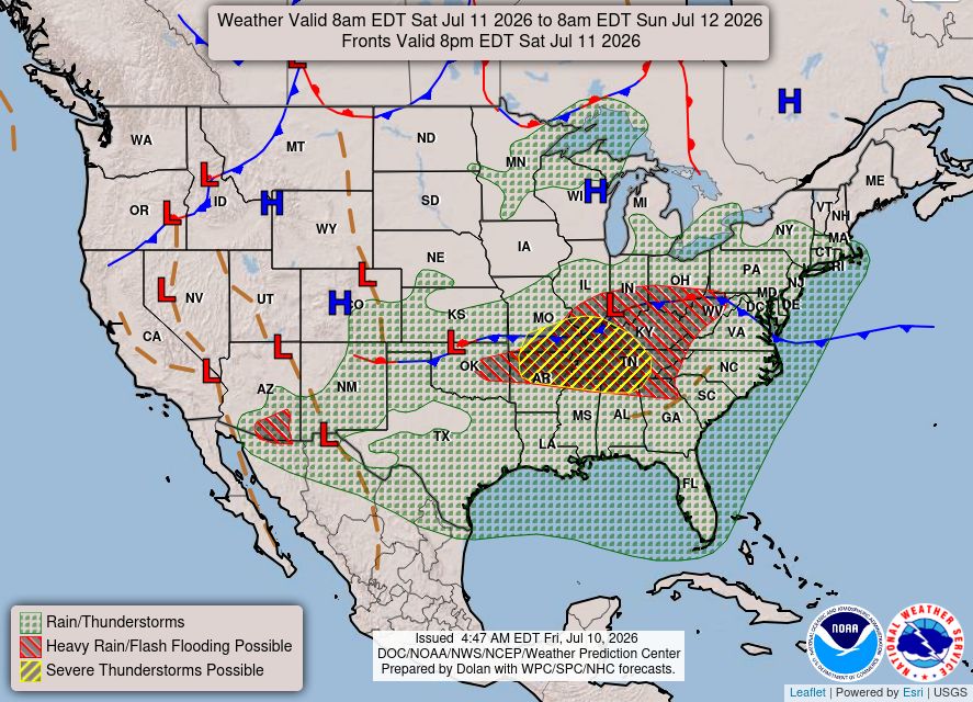 NWS's tweet photo. Severe thunderstorms capable of damaging winds will be possible from the Ozark Plateau east into the Tennessee Valley Saturday. Rounds of heavy thunderstorms ahead of a slow moving front will continue locally heavy rainfall and scattered flash flooding potential from the Ozarks to the Ohio and Tennessee Valleys Saturday. https://t.co/qk3BcVP5M8
