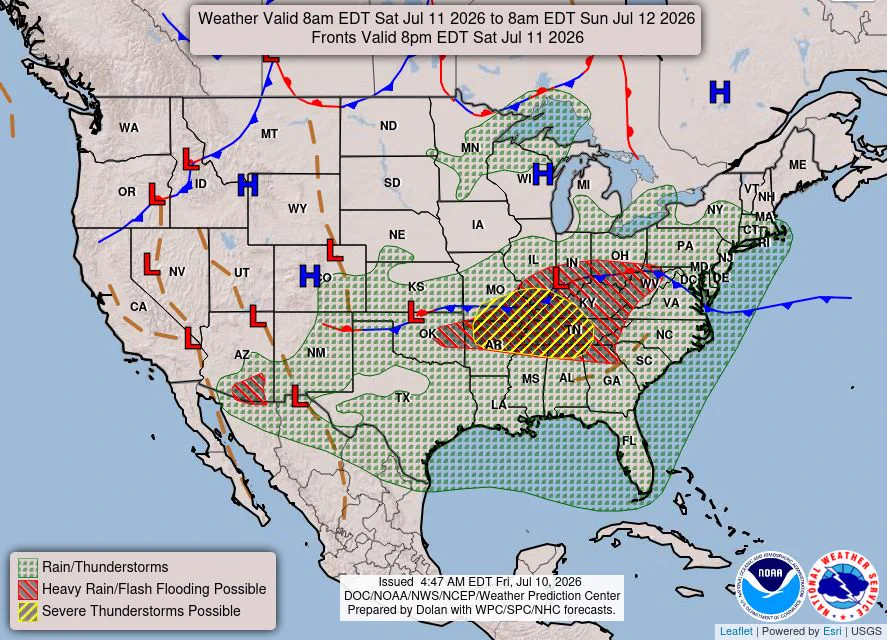 U.S. weather map showing widespread rain and thunderstorms across the Southeast and East, a hatched heavy rain/flash‑flood risk centered over the Ohio Valley and Midwest, and a striped zone of possible severe thunderstorms in the central U.S., with frontal boundaries and pressure centers.