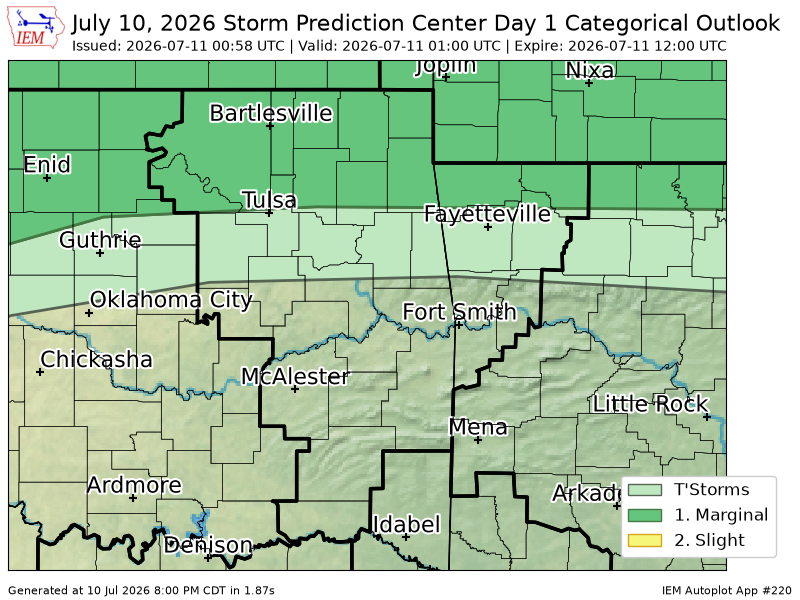 225Arkansas's tweet photo. #SPC issues Day 1 Marginal Convective Risk at Jul 11, 0:58z for TSA https://t.co/ZlRSbIu3nF https://t.co/JrLRzsY0dU
