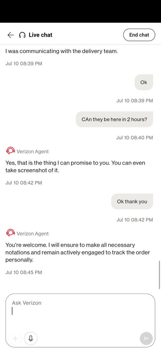 DeeNDisney's tweet photo. @VerizonSupport now I'm getting told guaranteed delivery in 2 hours but the agent won't send an updated tracking https://t.co/DLaBHaYFUY