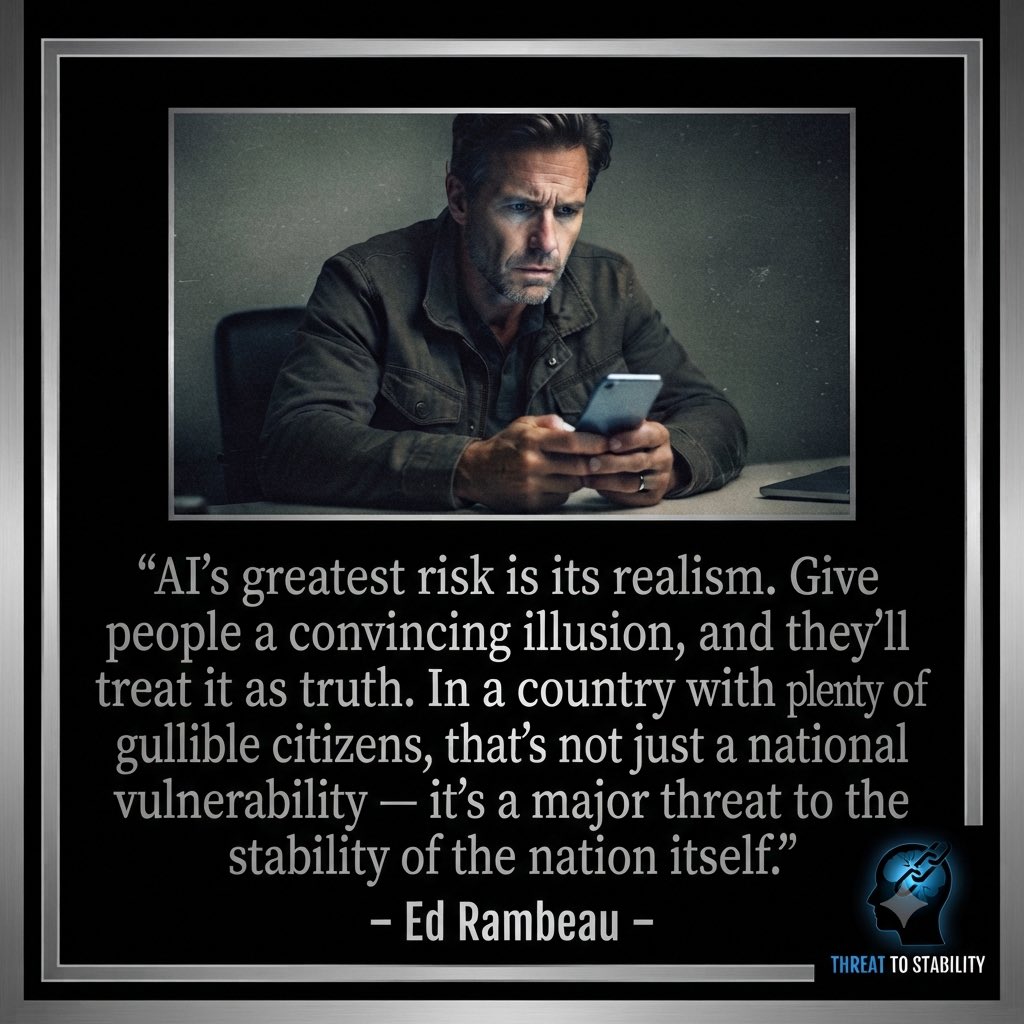 EDRAMBEAU's tweet photo. AI’S REALISM ISN’T JUST DANGEROUS — IT’S A VOLATILE NATIONAL WEAK POINT THAT CAN TURN GULLIBILITY INTO A COUNTRY‑LEVEL THREAT https://t.co/3DSZwmpZMy