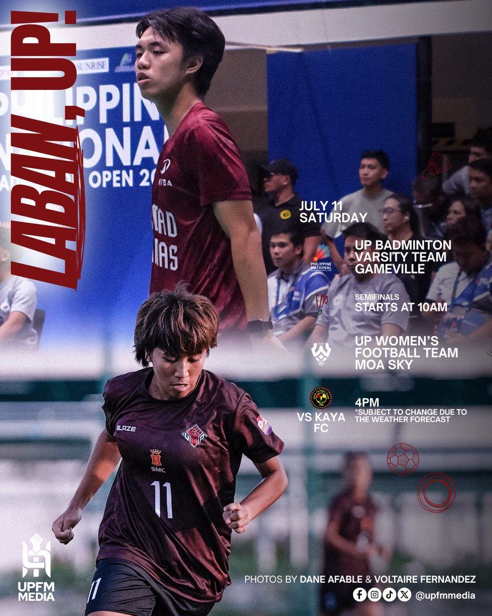 upfmmedia's tweet photo. GAMEDAY 🏸⚽️

It’s semifinals Saturday for the UP Badminton Varsity Team for #PNBO2026 from 10AM onwards at Gameville Central Park 💚❤️ For the #PFFWomensLeague, it’s a young UPWFT squad going up against Kaya FC, 3PM at the MOA Sky Football Pitch*. Laban, UP!

*Subject to change due to the weather forecast

#UPFight✊🏼 #StrongerWithAllSports💪🏼