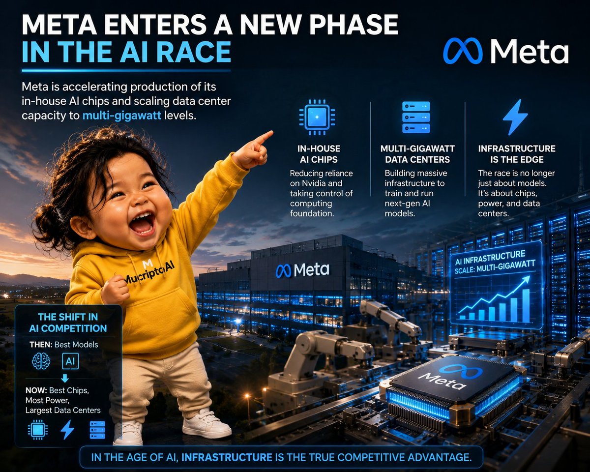 mucriptoAI's tweet photo. 🚨 Meta is entering a new phase of the AI race.

The company is accelerating mass production of its in-house AI chips to reduce reliance on Nvidia and gain greater control over its AI stack.

At the same time, Meta is scaling its AI data center capacity to multi-gigawatt levels—building the infrastructure needed to train and serve the next generation of frontier AI models.

The AI race is no longer just about who has the smartest model.

It's about who owns the best chips, the most compute, the cheapest power, and the largest AI infrastructure.

The next AI leaders won't just build better models—they'll build the factories that power them.

#AI #MetaAI #Infrastructure
