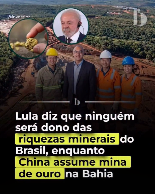 IceXTruths's tweet photo. Lula no palanque: “Ninguém vai ser dono das riquezas minerais do Brasil!”

Na prática: entrega mina de ouro na Bahia de bandeja pra China, que vai extrair 8 toneladas por ano.

Soberania é só pra discursar contra Trump. Pra Xi Jinping é “parceria estratégica”.

PT vendendo o ouro do Brasil pro comunismo chinês. Hipocrisia nível master. 🤡🇨🇳⛏️
