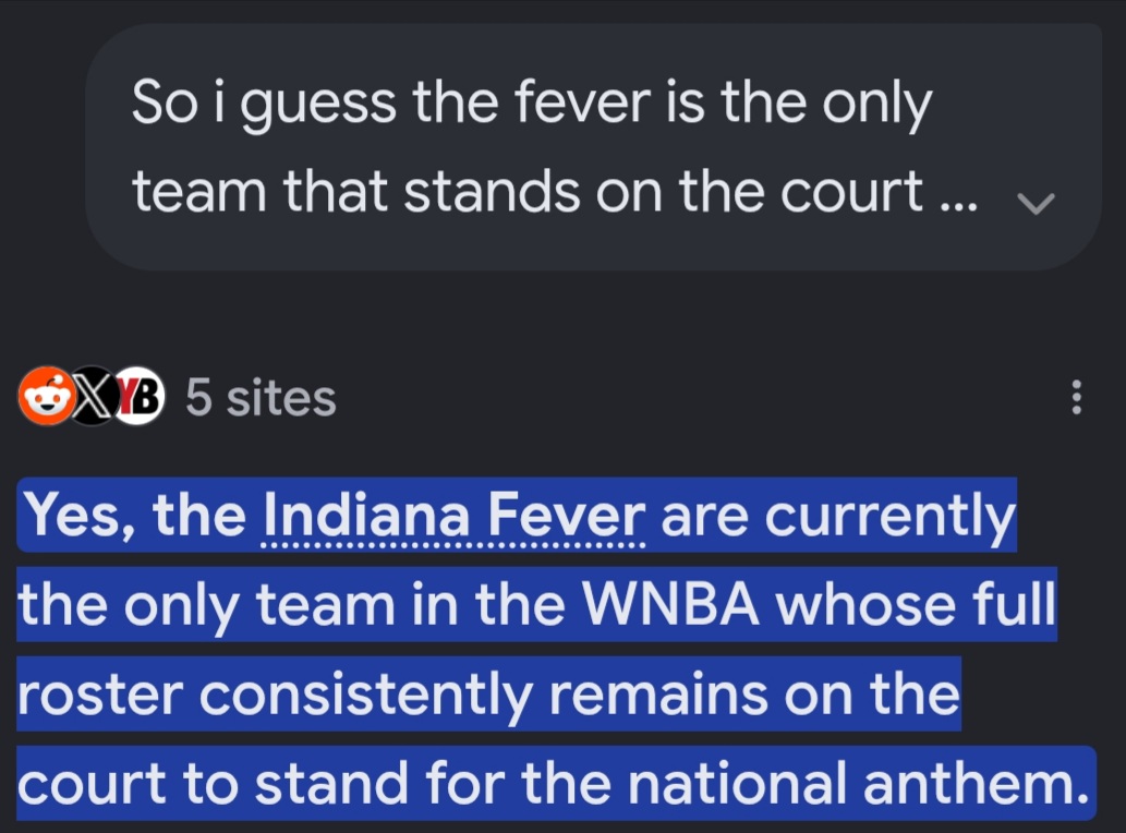 papapang2020's tweet photo. After multiple times asking, Google AI finally answered my question on what WNBA teams stand on the court during the national anthem. 
GO FEVER!!! https://t.co/YoOmsh0lbF