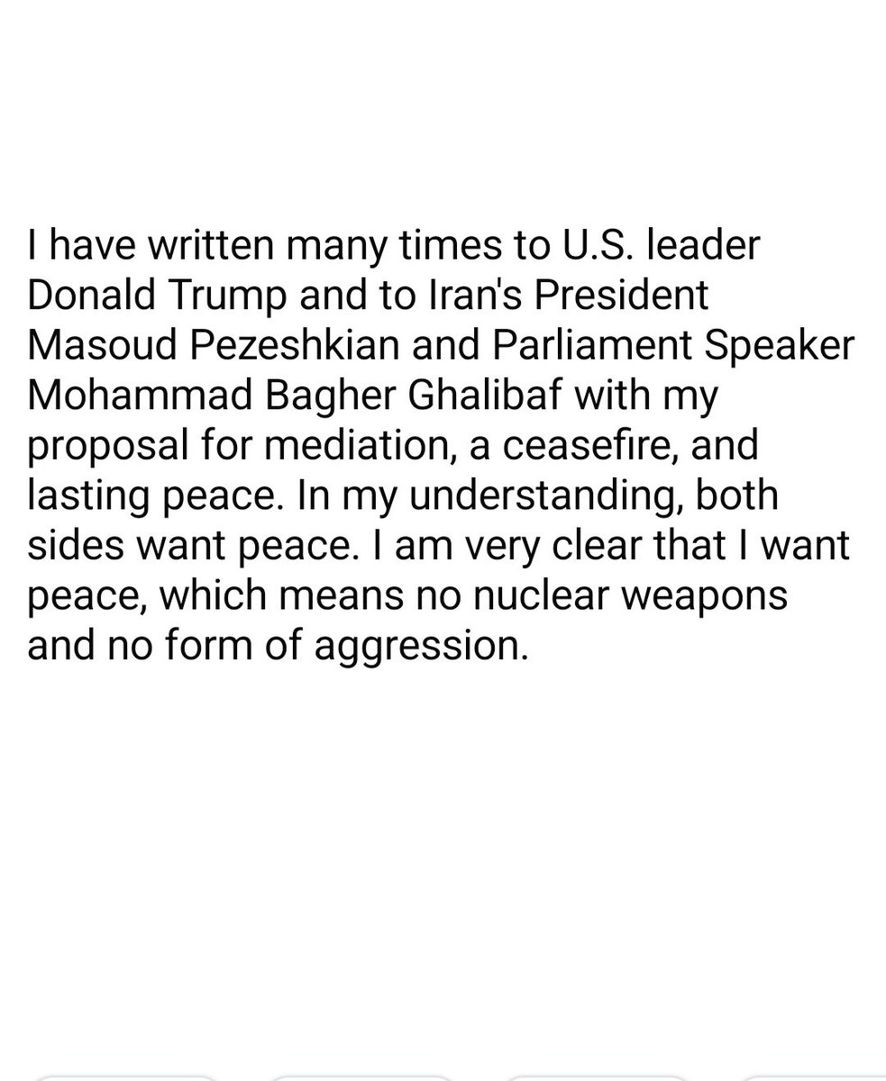 sappankc's tweet photo. I have written many times to U.S. leader Donald Trump and to Iran's President Masoud Pezeshkian and Parliament Speaker Mohammad Bagher Ghalibaf with my proposal for mediation, a ceasefire, and lasting peace. In my understanding, both sides want peace. https://t.co/eetcA4UJGA