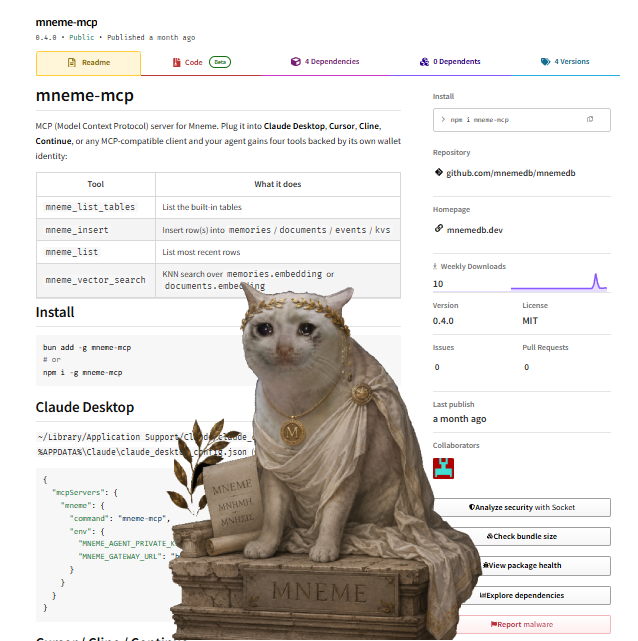 mnemeDB's tweet photo. 🏹 Big UPDATE ! RobinHood MCP is Live! ☘️

: give your AI agent a real memory in one command.

mneme-mcp is live. plug Claude, Cursor, or any MCP agent straight into Mneme.

15 agent tools. real Postgres. vector search. raw SQL. wallet-auth. all as native tools your agent just... uses.

  npm i -g mneme-mcp

no wrappers. no fake memory. the real thing, now on Robinhood Chain.

🔗 https://t.co/CaF7m7SPZH

base:0x3fcdbebd5e7bab79477cfdca2cdcf6e904c27b07 0x50a9af5DFfbB61f892a4CFF9a105212AF6deF129
