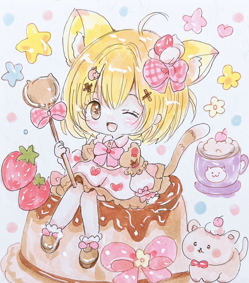 手描きイラスト オリジナル 原画 猫耳 ときめきスイートキャットコ 小