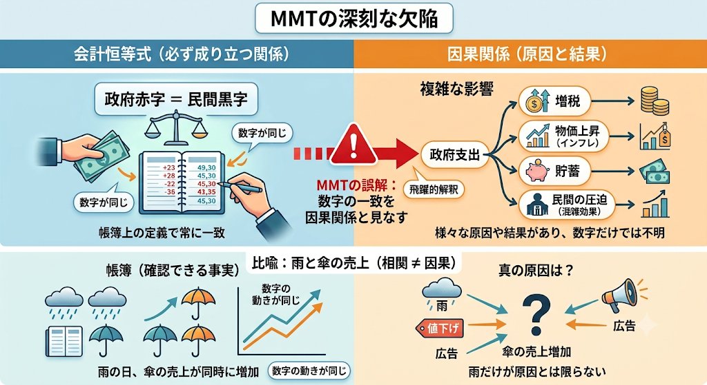 MMT理論の欠陥は、「【＝】の右と左が必ず同じになる関係」（会計