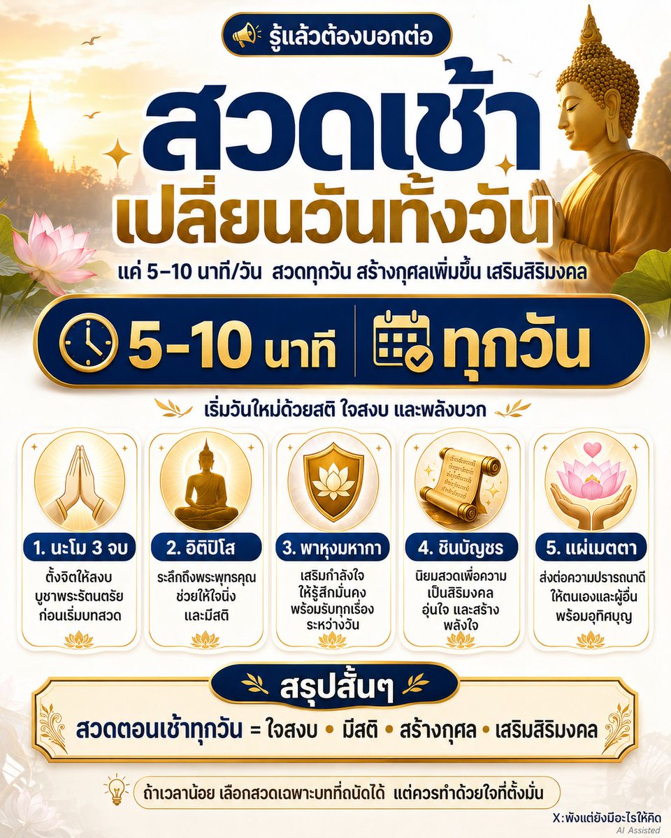 NO1CAPTION's tweet photo. เอาจริงนะ เช้าไหนได้สวดมนต์สัก 5–10 นาที คือใจมันนิ่งขึ้นจริง 🙏✨

ไม่ต้องสวดยาวทุกบทก็ได้ เอาแค่บทที่เราถนัด ตั้งใจสวดดีๆ แล้วก็แผ่เมตตาให้ตัวเองกับคนรอบตัว แค่นี้ก็รู้สึกว่าวันมันเบาลงเยอะเลย

มีใครสวดตอนเช้าเป็นประจำบ้าง สวดบทไหนกัน มาแชร์หน่อย 🤍

#สวดมนต์ตอนเช้า #เริ่มวันแบบใจเย็นๆ #ทำบุญทางใจ #พังแต่ยังมีอะไรให้คิด
