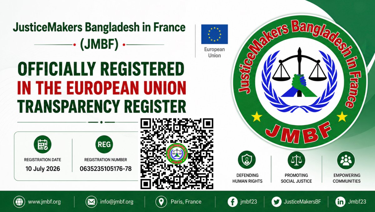 Shahanu91280386's tweet photo. 🚨 JMBF Officially Registered in the European Union Transparency Register
📌 Transparency Register No.: 0635235105176-78
📖 Read the full report by scanning the QR Code.
#JMBF #EUTransparencyRegister #HumanRights #RuleOfLaw #Justice #Transparency #Bangladesh #CivilSociety https://t.co/u7medbwHMQ