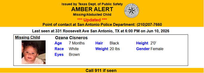 TX_Alerts's tweet photo. STATEWIDE AMBER ALERT CONTINUES: initially issued 07/09/2026 for Ozana Cisneros from San Antonio, TX. https://t.co/AD4f2rZWAJ