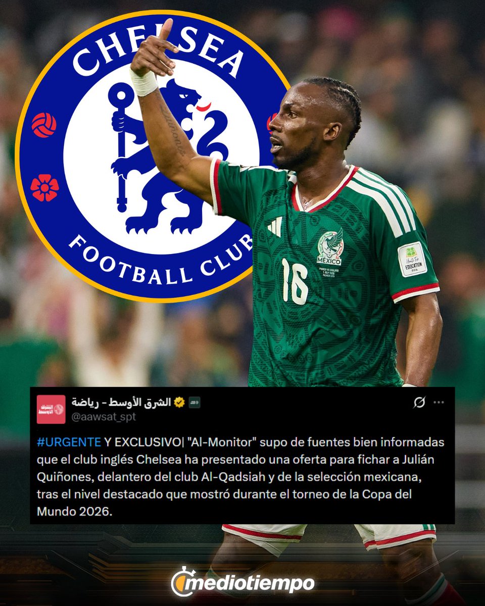 mediotiempo's tweet photo. ¡SERÍA UN BOMBAZO!😱🔥

Medios árabes reportan que el Chelsea habría presentado una oferta al Al-Qadisiya por el mexicano Julián Quiñones, luego de su destacada participación en la Copa del Mundo

📷: MexSport https://t.co/Dj6xRBZkM9