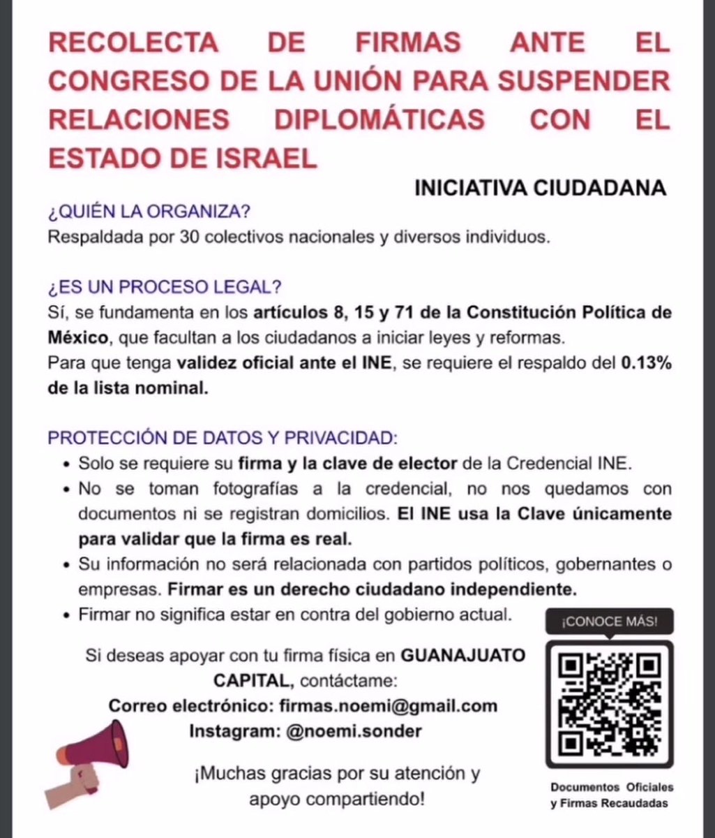 Palestina_Pod's tweet photo. @Ile404NotFound_ A difundir! ❤️ Ésta es una iniciativa ciudadana formal y legal que validará el INE una vez reunidas las firmas.
Su objetivo es cortar relaciones diplomáticas y comerciales con israel (lo MÍNIMO indispensable) retirar nuestro cuerpo diplomático y expulsar el suyo. https://t.co/YpZg772826
