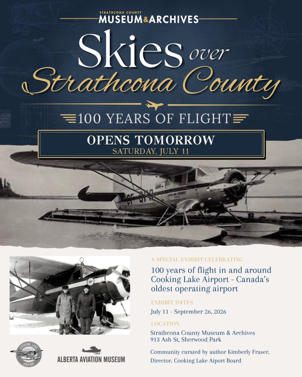 strathcomuseum's tweet photo. ✈️ Opening tomorrow — Saturday, July 11!
Come see Skies over Strathcona County: 100 Years of Flight, our new exhibit celebrating the history of flight in and around Cooking Lake Airport.
On display until Sept 26. Admission by donation.
#aviation #StrathconaCounty #Strathma https://t.co/IdBoemQggc