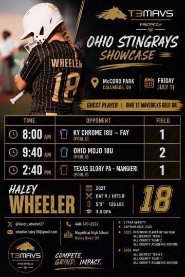 haley_wheeler27's tweet photo. Excited to be guest playing with Ohio T3 Mavericks Gold 18U at the Ohio Stingrays Showcase tomorrow at McCord Park (Columbus, OH)! Looking forward to competing against some great teams.

📍 Field 1 | 🕗 8:00 AM vs KY Chrome 18U – Fay
📍 Field 2 | 🕘 9:40 AM vs Ohio Mojo 18U
📍 Field 1 | 🕝 2:40 PM vs Texas Glory PA – Mangieri