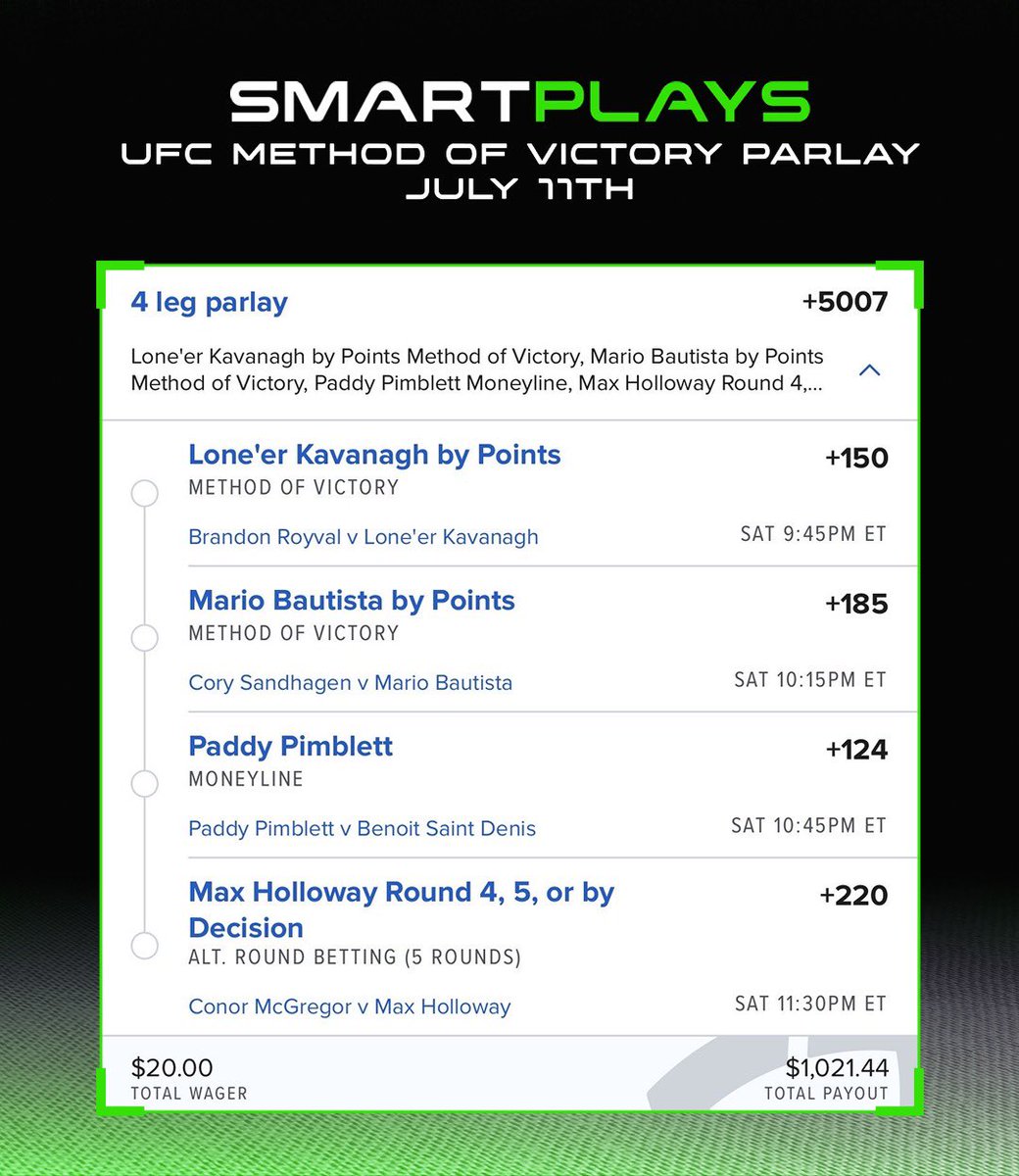 SmartPlaysDaily's tweet photo. UFC 329 • Let’s flip $20 into $1,000 💥 https://t.co/6o02WRLvFZ
