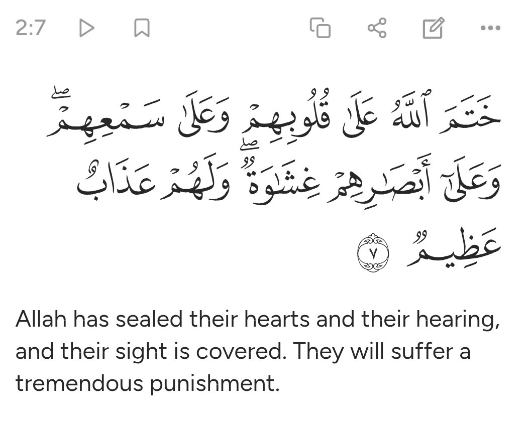 ThoughtfulJest's tweet photo. I'm reading the #Quran, can a #Muslim explain this verse to me? If #Allah is doing the sealing, why would I be punished? https://t.co/rZaWminZzb
