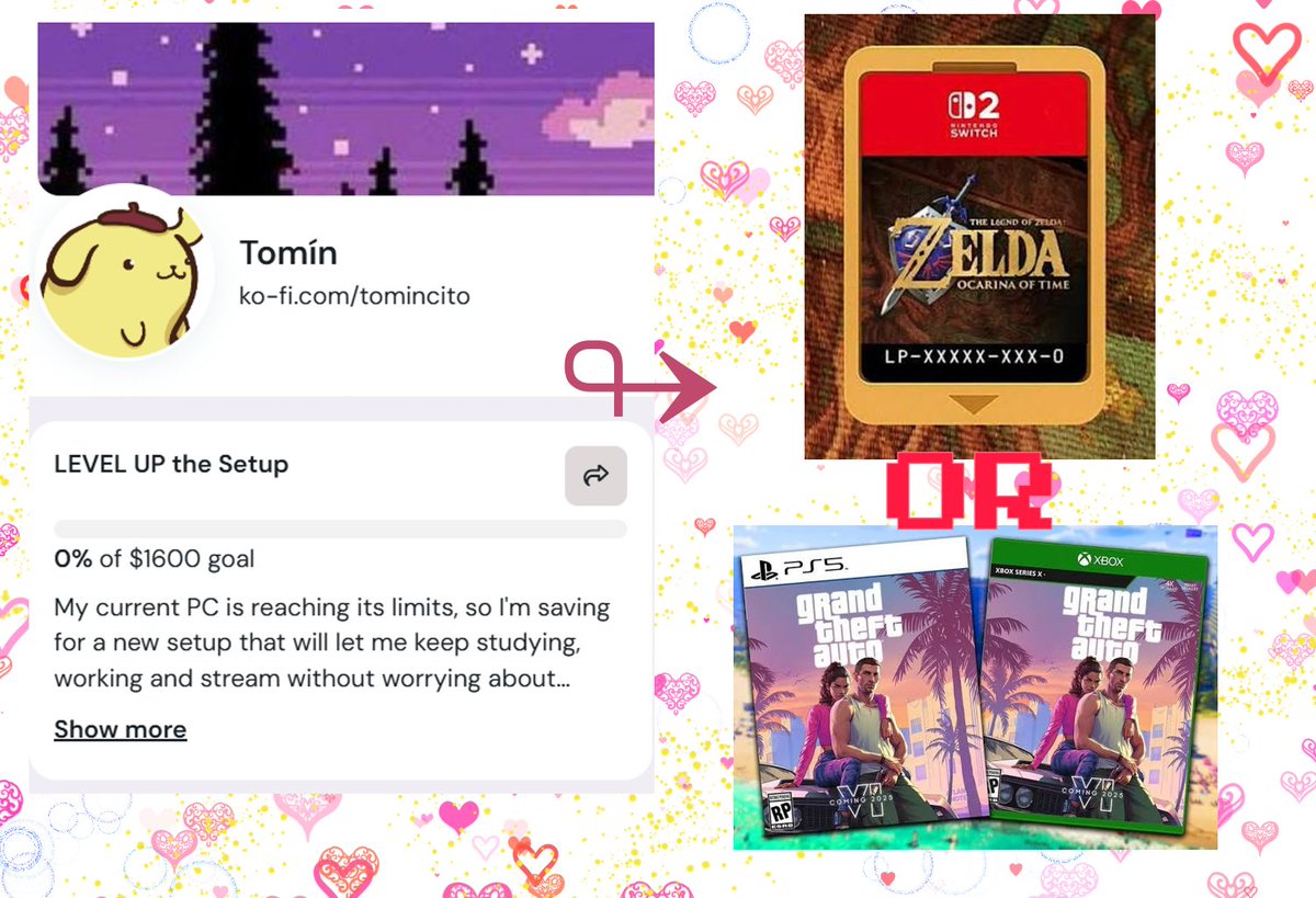 tominditto's tweet photo. (Please read)
I decided to open a Ko-Fi but… 

I’ve been a gamer since I was 4. My dad needed a PC for his new job, and I asked the technician to install some games for me. That’s how I started emulating NES and SNES games on a Windows XP computer.

The last major upgrade to my setup came during my second year of college. Thanks to my parents, I got a gaming laptop. Back then, I didn’t realize I’d end up constantly plugged into a charger… but all good things come to an end.

Lately, my laptop has been giving me a lot of trouble: a sticky keyboard, random restarts, keys that press themselves, and, more recently, I started streaming. My overlays are very simple because my laptop struggles to stream and run games at the same time.

I think it’s finally time for an upgrade. I’m graduating this year and looking for a job, but I also want to keep streaming and finally play GTA VI on PC when it releases.

So, I decided to open a Ko-fi and try to reach my goal. I thought about using Throne, but Ko-fi felt like the better option thanks to its lower fees and greater transparency.

I don’t want to just ask for money without giving anything back. As a thank you to everyone who supports my new setup, I’ll be holding a raffle for everyone who donates.

🏆 Prize

You’ll have the chance to win ONE of the following:

• The Legend of Zelda: Ocarina of Time (Switch 2, physical or digital, your choice)

• Grand Theft Auto VI (physical edition, rumored for December 2026)

If you don’t want either game, I’ll happily send you the equivalent value through PayPal or Throne instead.

Every donation of $5 USD or more toward my Ko-fi goal counts as one entry. To keep things fair, entries are capped at 5 per person. If you’d like to support with more than that, it’s incredibly appreciated and will help me reach my goal even faster.

I’ll be sharing progress updates throughout the journey, and once I reach my goal, I’ll show you the new setup. Full transparency all the way.

I’ll also share the raffle date, how the winner will be selected, and announce the winner publicly so everything stays transparent.

Thank you so much for taking the time to read this. Whether you decide to support, share this post, or simply wish me the best, it truly means a lot as I begin this new chapter after graduation (next months). ❤️