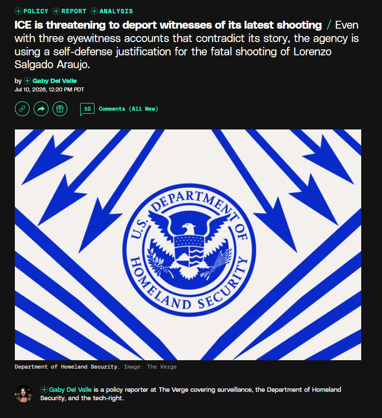 YourAnonCentral's tweet photo. ICE detained three eyewitnesses and is pressuring them to self-deport so they can't testify in court about Lorenzo Salgado Araujo's killing. ICE also claims it didn't have body cams at the time of the homicide. https://t.co/zxBWJGUUNg