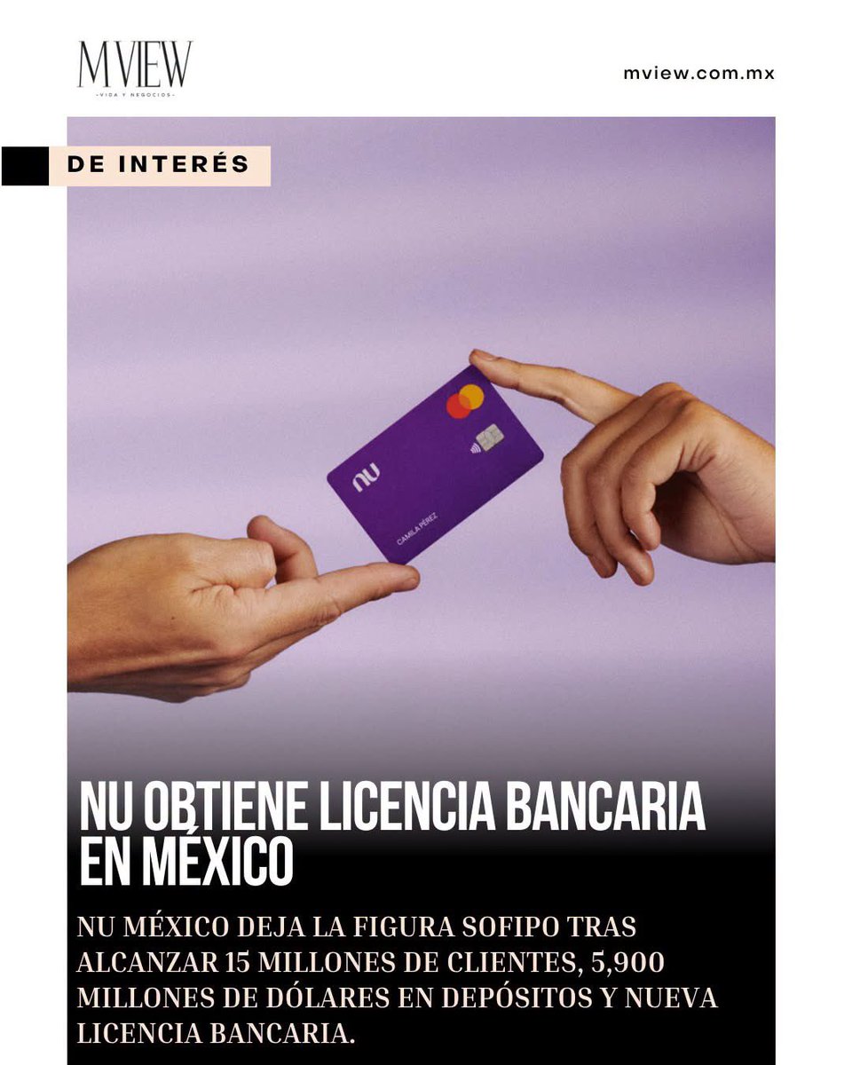 MVIEW_MX's tweet photo. Nu México obtuvo la autorización de la CNBV para operar como institución de banca múltiple, después de siete años bajo la figura de sofipo.
https://t.co/qFJimWD7kT
#MVIEW #Nu #Banco #CNBV https://t.co/CLjCz1OvjJ