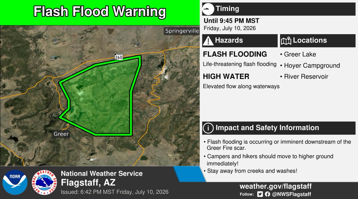 NWSFlagstaff's tweet photo. ⚠️ Flash Flood Warning ⚠️ in effect until 9:45 PM MST for portions of Apache County.

This includes Greer Lake, Hoyer CG, and River Reservoir. More info: https://t.co/jTdNjRf7om. #azwx https://t.co/lR4MujIrdf