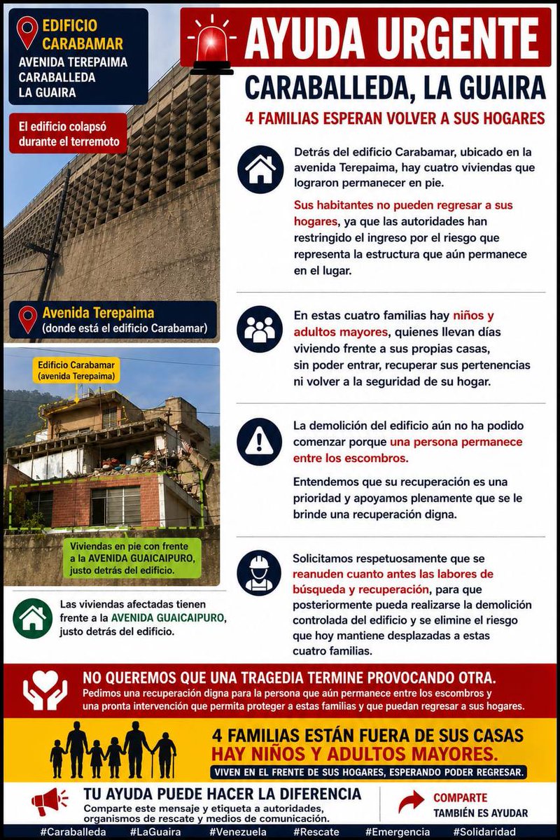 eldiario's tweet photo. #10Jul | Denuncian que las autoridades han impedido el ingreso de cuatro familias a sus viviendas, que lograron permanecer en pie, ubicadas detrás del edificio Carabamar, en la avenida Terepaima, en Caraballeda (La Guaira), tras los fuertes terremotos del #24Jun.

Los vecinos explicaron que el edificio Carabamar colapsó durante el doblete sísmico. Sin embargo, en la parte posterior, con frente hacia la avenida Guaicaipuro, estas cuatro viviendas lograron permanecer en pie.

Asimismo, estas familias han tenido que dormir frente a sus hogares, ya que no les han permitido ingresar ni recuperar sus pertenencias. Las autoridades explicaron que las viviendas presentan riesgo estructural.

Por otro lado, aún no ha comenzado la demolición del edificio Carabamar debido a que una persona se encuentra entre los escombros. Ante esto, los vecinos solicitaron que se reanuden las labores de búsqueda y rescate en la estructura para que la demolición pueda realizarse de manera controlada.