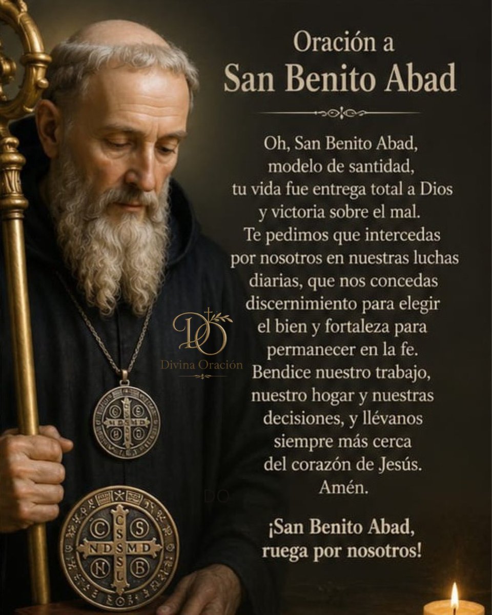 l_lbastidas48's tweet photo. ✨️ San Benito Abad 

✝️ Oración 
Oh, San Benito Abad, modelo de santidad, tu vida fue entrega total a Dios y victoria sobre el mal.

Te pedimos que intercedas por nosotros en nuestras luchas diarias, que nos concedas discernimiento para elegir el bien y fortaleza para permanecer en la fe.

Bendice nuestro trabajo, nuestro hogar y nuestras decisiones, y llévanos siempre más cerca del corazón de Jesús.
Amén.

#SanBenitoAbad 
#DivinaOración