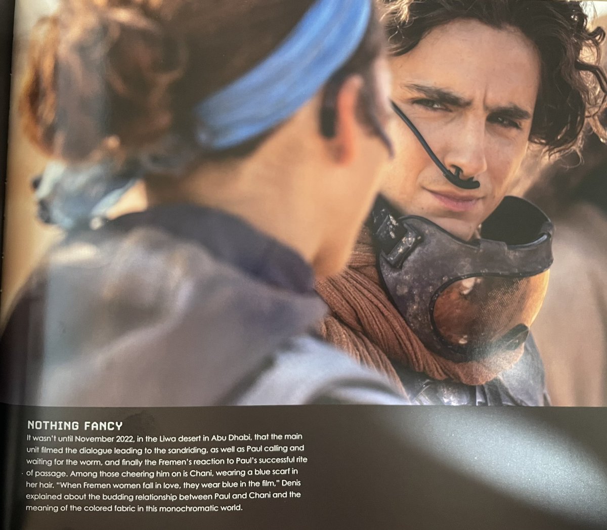 Lulamaybelle's tweet photo. The symbolism behind Chani’s (Zendaya) blue scarf was explained in The Art And Soul of #DunePart2 book. Seeing it utilized again in the #DunePart3 trailer, hit me like a freight train. 🥹😭💔 https://t.co/aowj5gls9B