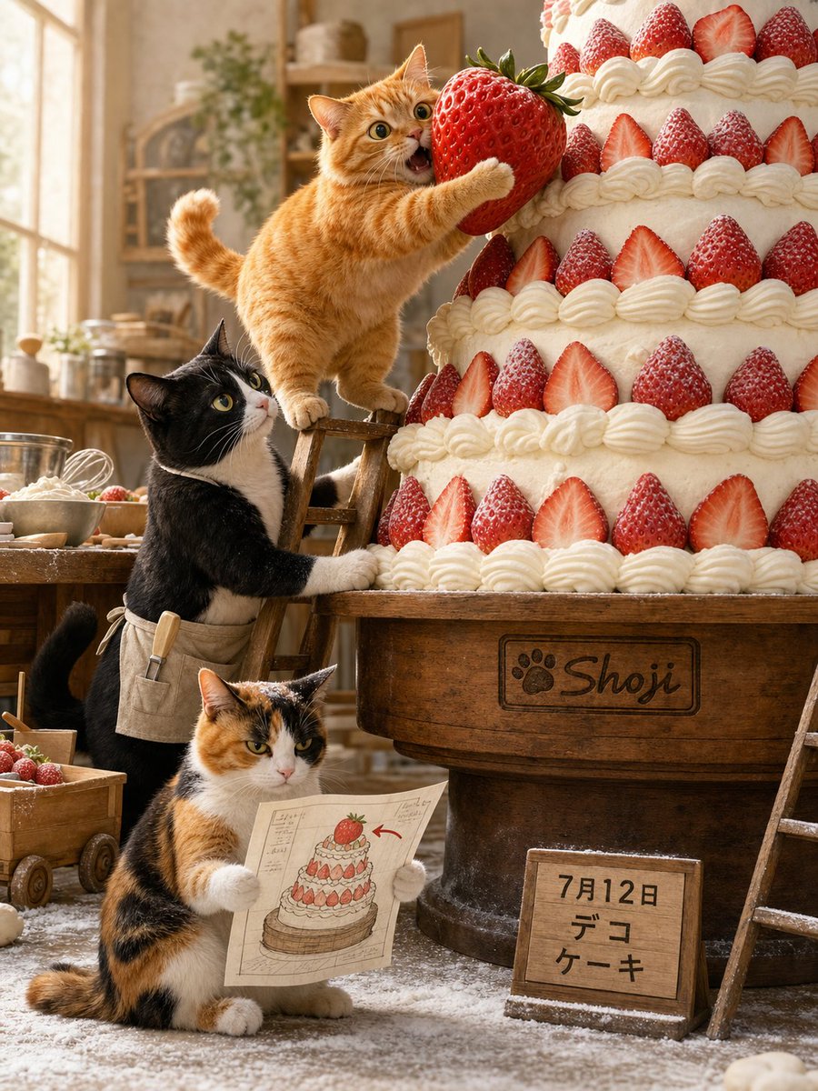 原画☆キャンバスF10【猫たちの豊かなシャンパンケーキパーティー】 🍰 デコレーションケーキの日（7/12） #ShojiCatCalendar 7月12日は