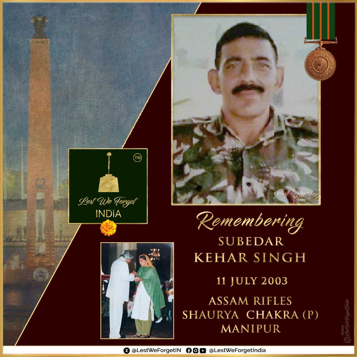 LestWeForgetIN's tweet photo. 23 years ago, this #IndianBrave laid down his life in service of the Nation.

#LestWeForgetIndia🇮🇳  Subedar Kehar Singh, Shaurya Chakra (P), ASSAM RILFES, made the supreme sacrifice fighting militants in Chandel Distt, Manipur, #OnThisDay 11 July in 2003.

Remember him.🏵️