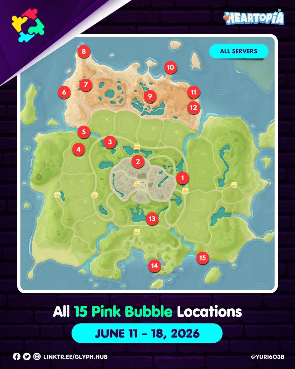 Glyph_Hub's tweet photo. [Heartopia]

All 15 Pink Bubble Locations for all servers July 11-July 18, 2026

#Heartopia #HeartopiaTips #HeartopiaGuide #PinkBubbles https://t.co/hLVrlwaaSv
