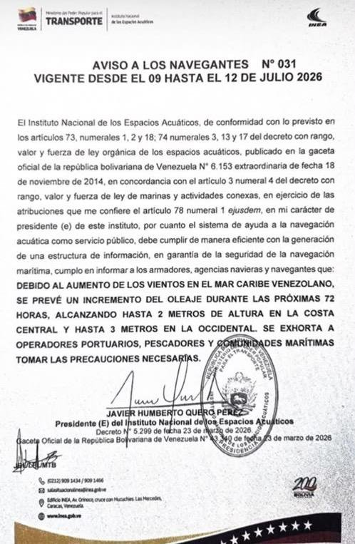 ReporteYa's tweet photo. #10Jul #Venezuela #Alerta
El Instituto Nacional de los Espacios Acuáticos (#INEA) emitió este viernes una alerta preventiva de 72 horas para todo el litoral del país. 

La medida responde a un incremento significativo en la intensidad de los vientos sobre las regiones costeras. https://t.co/kalJvjtKba