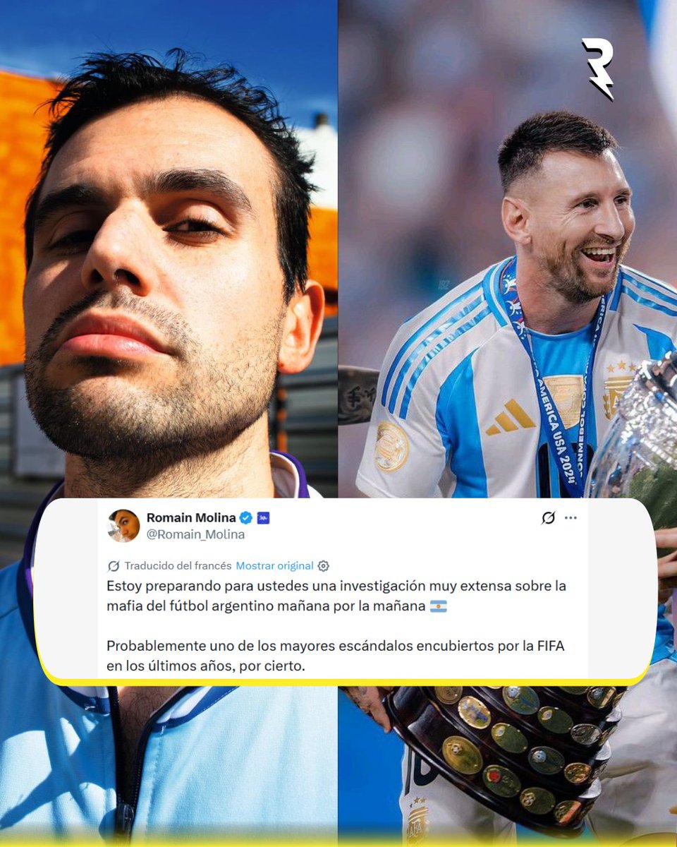 SoyReferee's tweet photo. 🚨 ATENCIÓN. El periodista francés Romain Molina, considerado uno de los investigadores más prestigiosos del fútbol mundial y responsable de destapar importantes casos de corrupción y abusos que posteriormente derivaron en sanciones de la FIFA y otras autoridades, anunció que este viernes publicará una investigación sobre lo que describe como "uno de los mayores escándalos encubiertos por la FIFA en los últimos años", relacionada con el fútbol argentino. 🇦🇷

Molina ha colaborado con medios internacionales como The New York Times, The Guardian, BBC y CNN, y es reconocido por sus investigaciones de largo aliento dentro de la industria del fútbol.