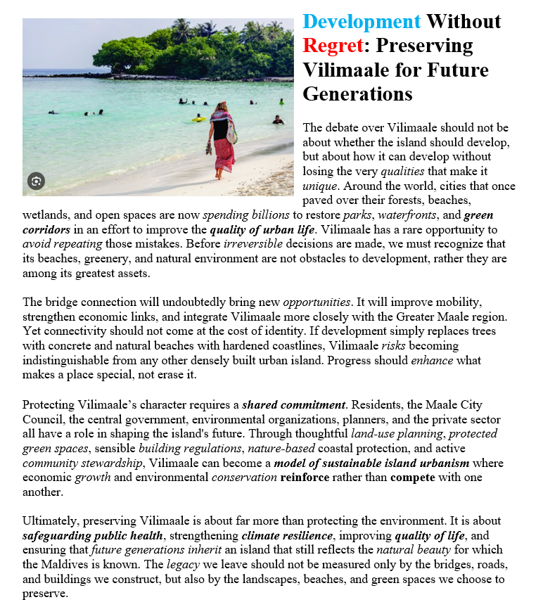 _mohamedimad's tweet photo. @MohamedNasheed 🏝️ Development should strengthen, not replace Vilimaale's unique natural character. #GreenCity #UrbanPlanning #SustainableDevelopment #NatureBasedSolutions #ClimateResilience #FutureGenerations #LivableCities #EnvironmentalProtection 

#VisitMaldives https://t.co/ZAbtjhpHbq