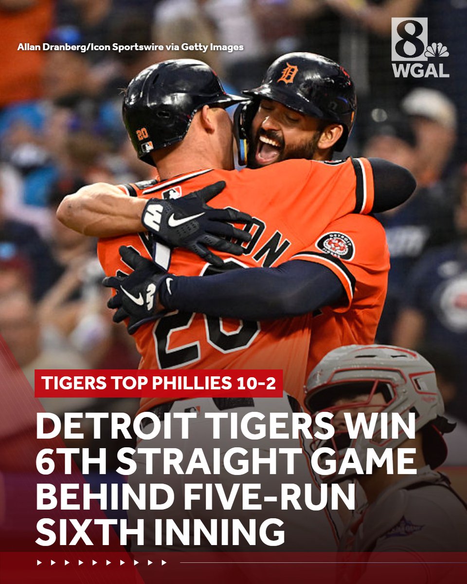 WGAL's tweet photo. James Outman hit a two-run triple during a five-run sixth inning and the Detroit Tigers won their sixth straight game, 10-2 over the Philadelphia Phillies on Friday night. #PhiladelphiaPhillies #DetroitTigers #InterleaguePlay #MLB #JamesOutman https://t.co/fgYtsQYFEt