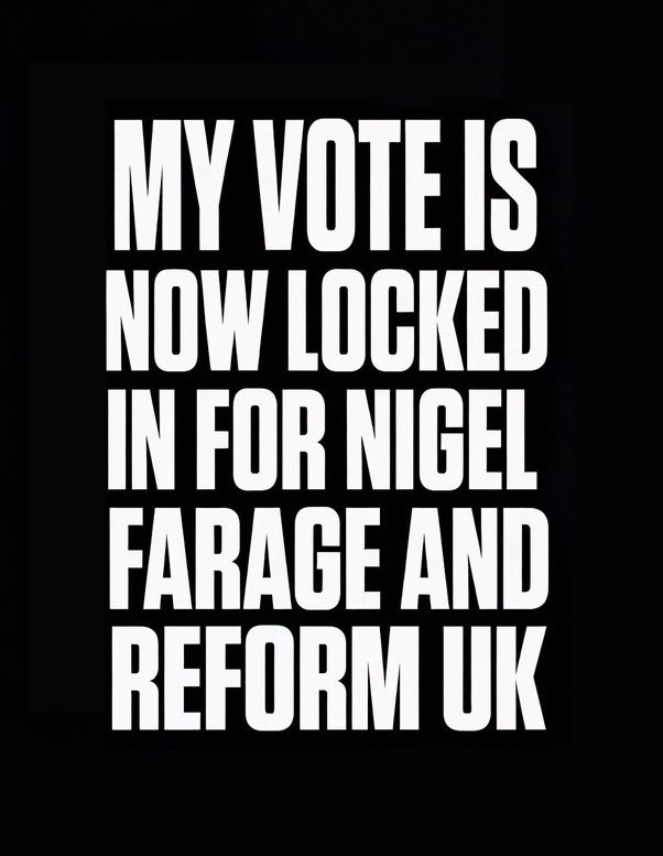 RealPatriotsRVQ's tweet photo. 🇬🇧 My vote for Reform UK and Nigel Farage is locked in.

What about you?

🩵 Yes 
❤️  No https://t.co/SGADsEkJzF