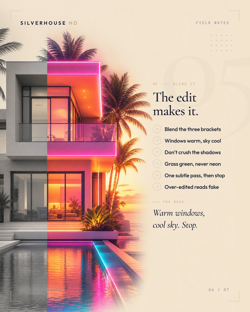 silverhousehd's tweet photo. The twilight exterior sells the listing — and you've got ~20 min to get it. Time it (civil twilight, not sunset). Every light on. Tripod, bracket 3. Corner angle. Edit subtle. Save the play. 📸

#realestatephotography #twilightphotography #contentcreator https://t.co/5iJFA2odVE