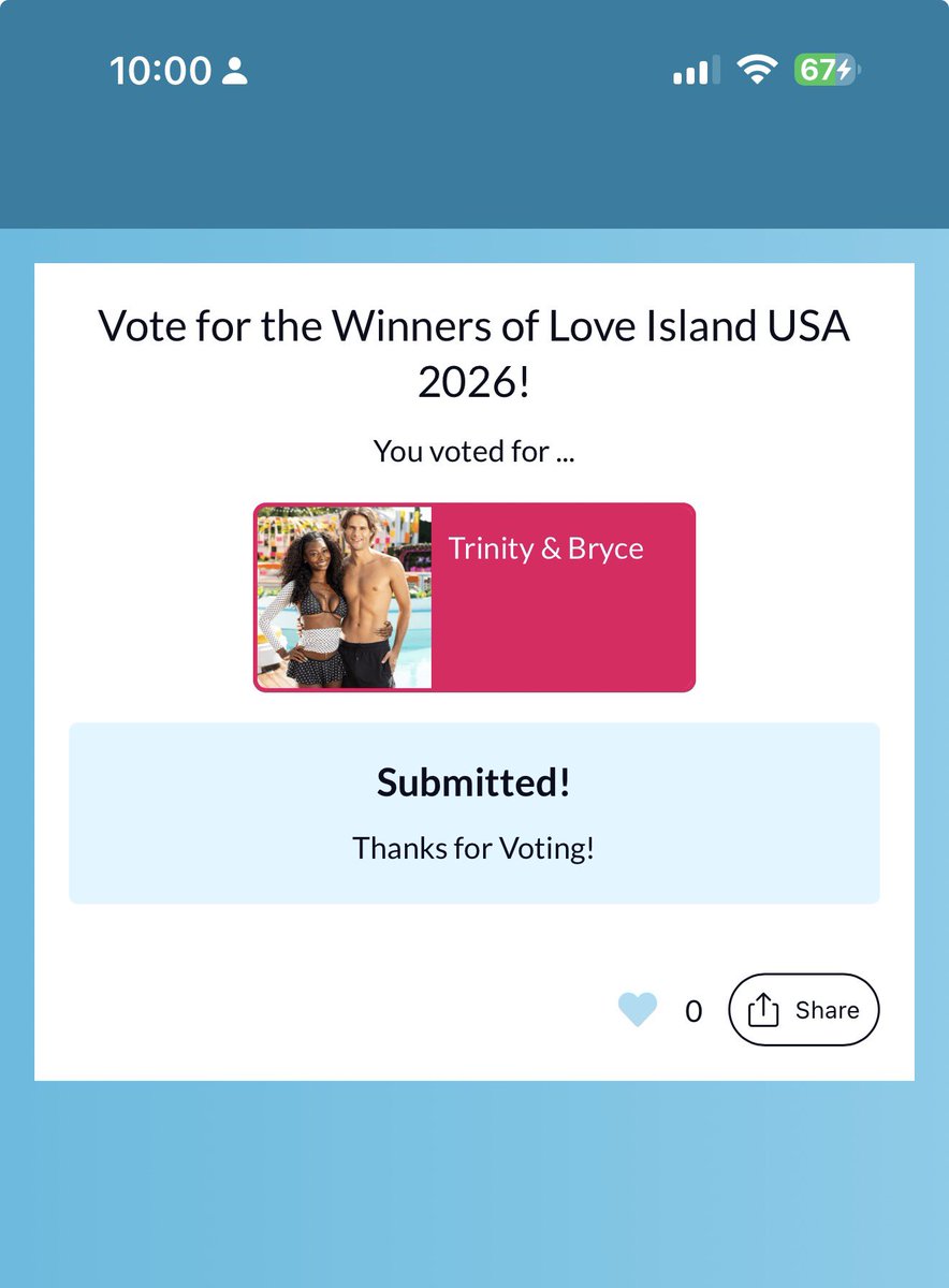 NATERERUN's tweet photo. Just voted for Trinity &amp; Bryce to win! 
Drop your screenshot receipts in the comments! #loveislandUSA https://t.co/ZxHtvi6JYo