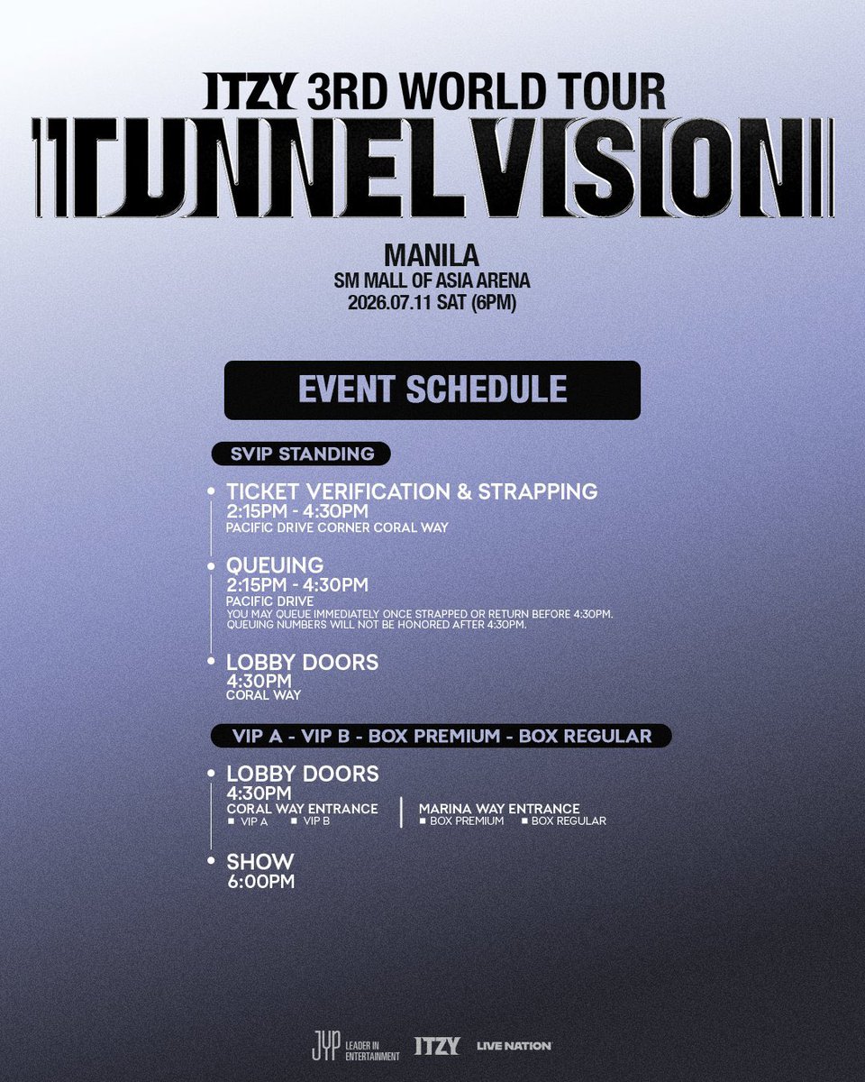livenationph's tweet photo. MIDZY! 😍 Are you ready for ITZY 3RD WORLD TOUR <TUNNEL VISION> in MANILA?

See you tonight! Show starts at 6 PM.

#ITZY #MIDZY
#ITZY_TUNNELVISION
#ITZY_TNVS
#ITZY_WORLD_TOUR https://t.co/ZlNxaORoWk