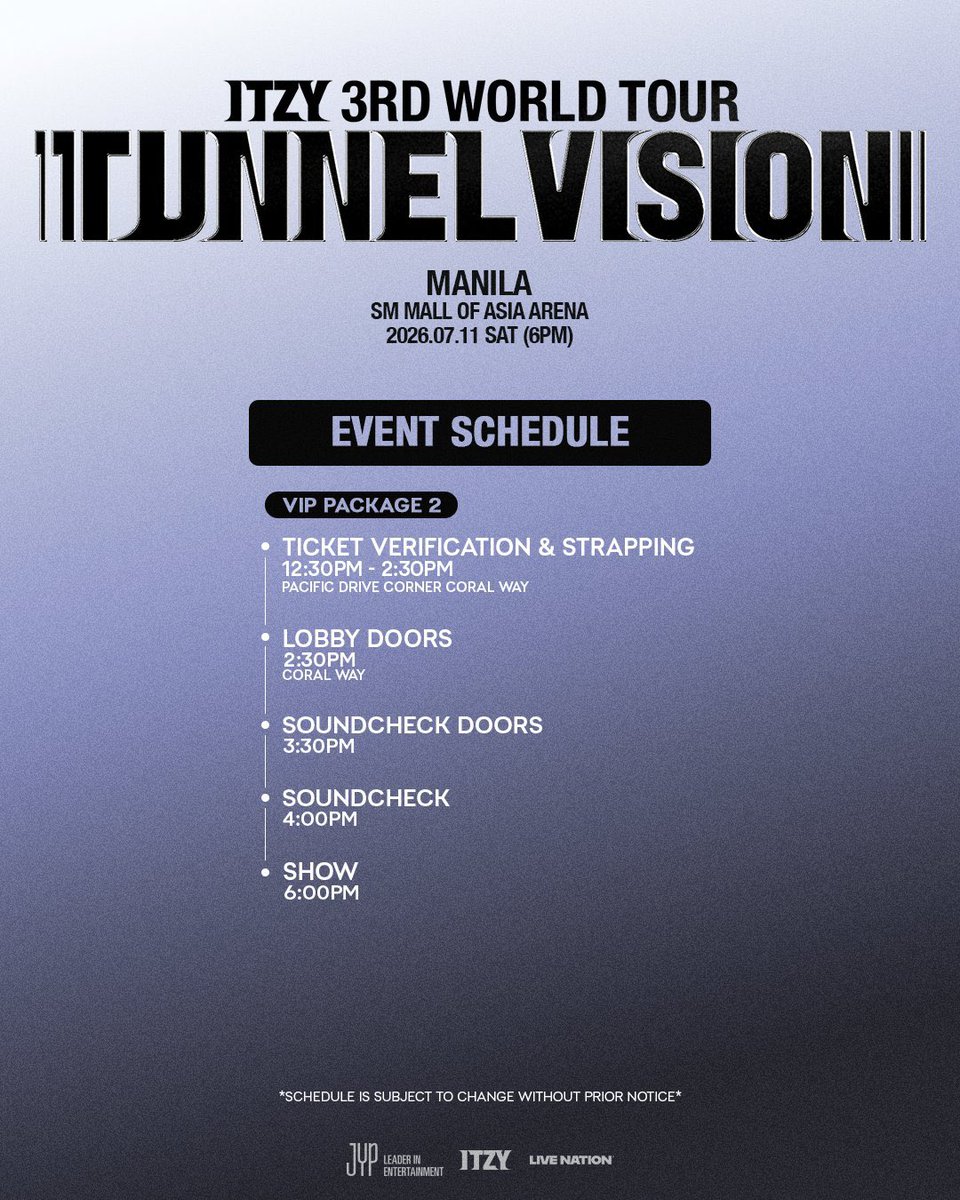 livenationph's tweet photo. MIDZY! 😍 Are you ready for ITZY 3RD WORLD TOUR <TUNNEL VISION> in MANILA?

See you tonight! Show starts at 6 PM.

#ITZY #MIDZY
#ITZY_TUNNELVISION
#ITZY_TNVS
#ITZY_WORLD_TOUR https://t.co/ZlNxaORoWk
